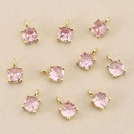 Bild von 5 Stück Messing Charms Großhandel 18K Echtgold plattiert Rund Mini Rosa Kubischer Zirkon 4mm Dia