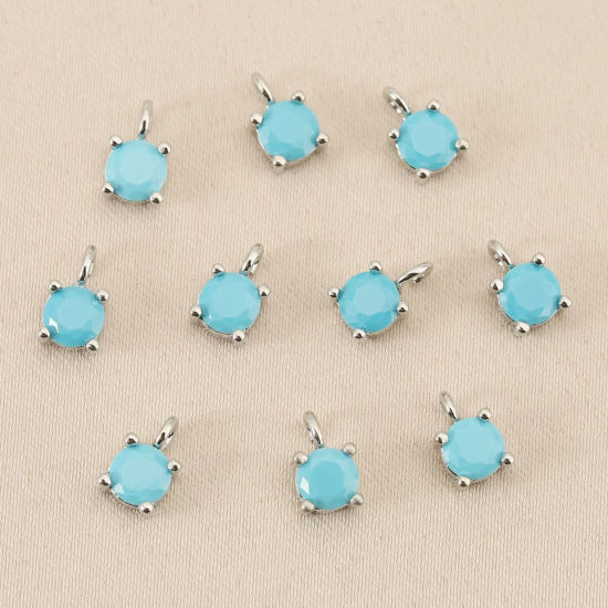Bild von 5 Stück Messing Charms Großhandel Echt Platin plattiert Rund Mini Blau Kubischer Zirkon 4mm Dia