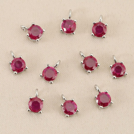 Bild von 5 Stück Messing Charms Großhandel Echt Platin plattiert Rund Mini Rot Kubischer Zirkon 4mm Dia