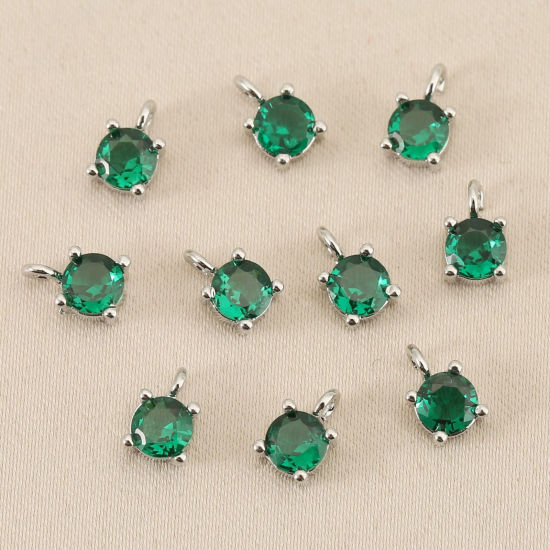 Bild von 5 Stück Messing Charms Großhandel Echt Platin plattiert Rund Mini Grün Kubischer Zirkon 4mm Dia