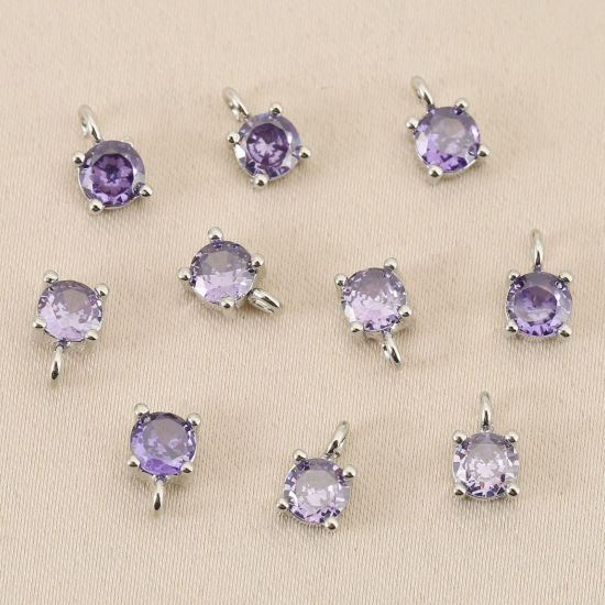 Bild von 5 Stück Messing Charms Großhandel Echt Platin plattiert Rund Mini Lila Kubischer Zirkon 4mm Dia