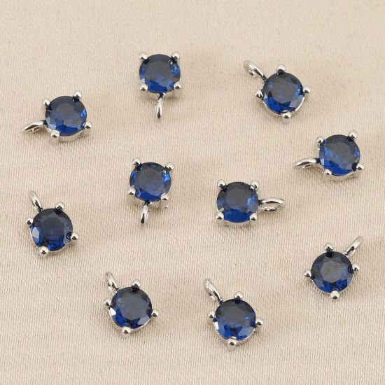 Bild von 5 Stück Messing Charms Großhandel Echt Platin plattiert Rund Mini Knallblau Kubischer Zirkon 4mm Dia