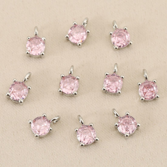 Bild von 5 Stück Messing Charms Großhandel Echt Platin plattiert Rund Mini Rosa Kubischer Zirkon 4mm Dia