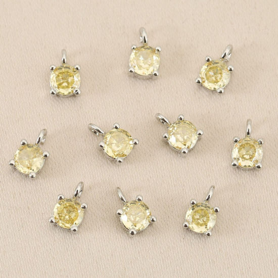 Bild von 5 Stück Messing Charms Großhandel Echt Platin plattiert Rund Mini Gelb Kubischer Zirkon 4mm Dia
