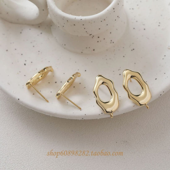 Imagen de 2 Unidades Latón Arete de Poste de Oreja con Accesorios de Conector de Bucle Al Por Mayor Chapado en Oro de 14K Irregular Hueco 22mm x 11mm