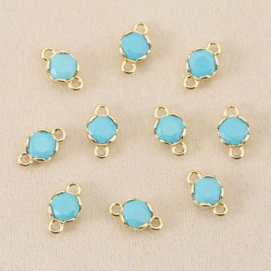 Bild von 5 Stück Messing Steckverbinder Charms Anhänger Großhandel 18K Vergoldet Rund Mini Cyan Kubischer Zirkon 4mm Dia