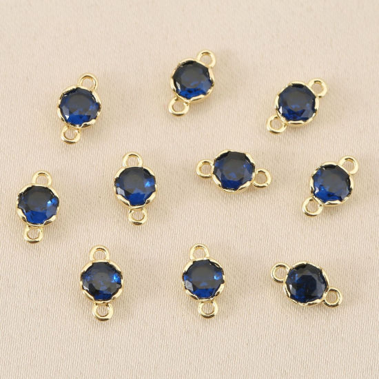 Bild von 5 Stück Messing Steckverbinder Charms Anhänger Großhandel 18K Vergoldet Rund Mini Knallblau Kubischer Zirkon 4mm Dia