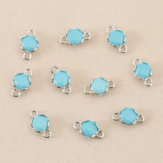 Bild von 5 Stück Messing Steckverbinder Charms Anhänger Großhandel Platin Plattiert Rund Mini Cyan Kubischer Zirkon 4mm Dia