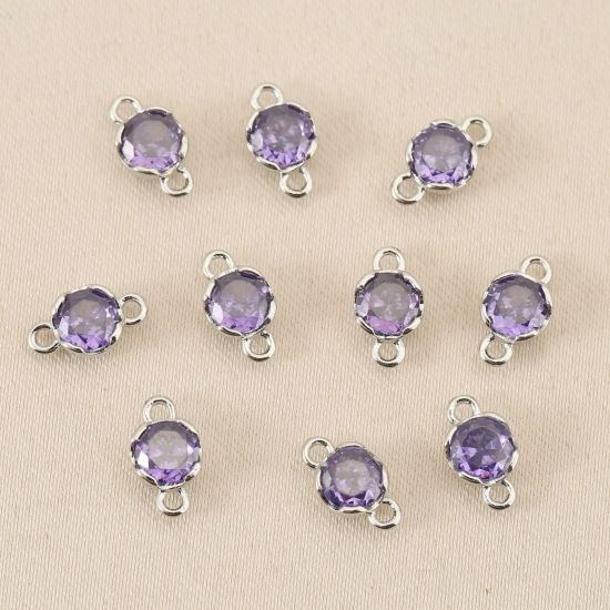 Bild von 5 Stück Messing Steckverbinder Charms Anhänger Großhandel Platin Plattiert Rund Mini Lila Kubischer Zirkon 4mm Dia