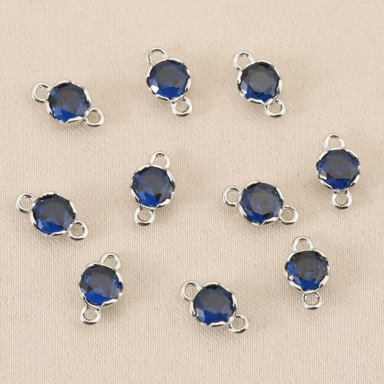 Bild von 5 Stück Messing Steckverbinder Charms Anhänger Großhandel Platin Plattiert Rund Mini Knallblau Kubischer Zirkon 4mm Dia