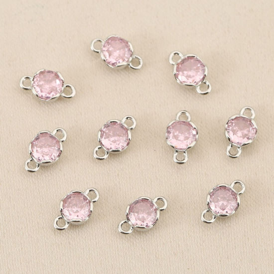 Bild von 5 Stück Messing Steckverbinder Charms Anhänger Großhandel Platin Plattiert Rund Mini Rosa Kubischer Zirkon 4mm Dia