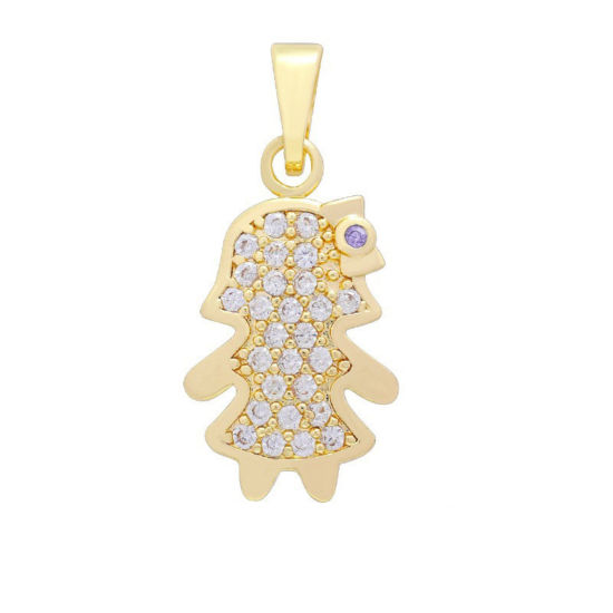 Picture of 2 PCs Brass Micro Pave Charm Pendant Wholesale 18K Gold Plated Girl Clear Cubic Zirconia 16.7mm x 11.4mm