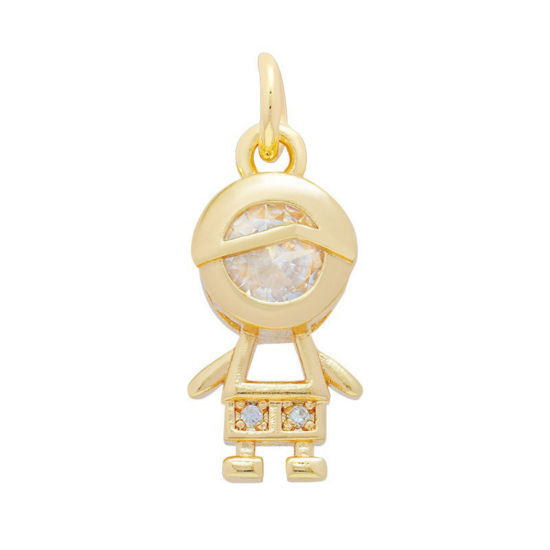 Picture of 2 PCs Brass Charms Wholesale 18K Gold Plated Boy Clear Cubic Zirconia 16mm x 7.8mm