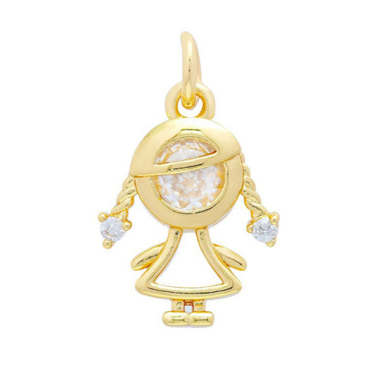 Picture of 2 PCs Brass Charms Wholesale 18K Gold Plated Girl Clear Cubic Zirconia 16mm x 10.8mm
