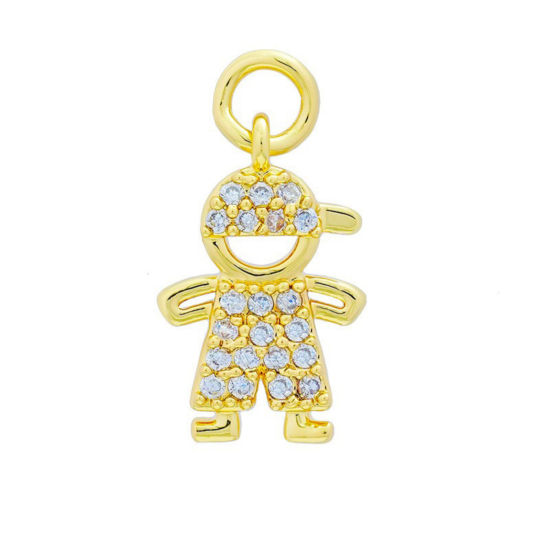 Picture of 2 PCs Brass Micro Pave Charms Wholesale 18K Gold Plated Boy Clear Cubic Zirconia 16.8mm x 10.5mm