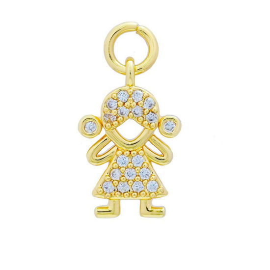 Picture of 2 PCs Brass Micro Pave Charms Wholesale 18K Gold Plated Girl Clear Cubic Zirconia 16.8mm x 10.5mm