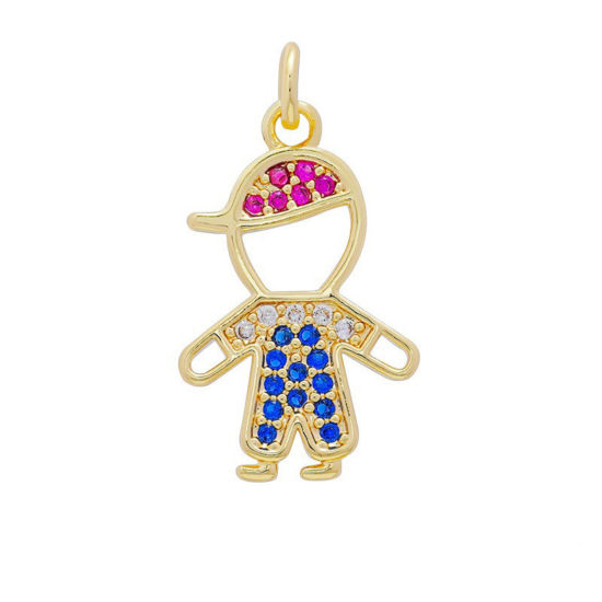 Picture of 2 PCs Brass Micro Pave Charms Wholesale 18K Gold Plated Boy Multicolour Cubic Zirconia 20.8mm x 13mm