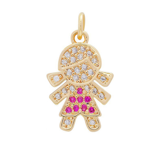 Picture of 2 PCs Brass Micro Pave Charms Wholesale 18K Gold Plated Girl Multicolour Cubic Zirconia 19.5mm x 12.8mm