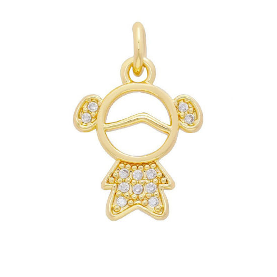 Picture of 2 PCs Brass Micro Pave Charms Wholesale 18K Gold Plated Girl Clear Cubic Zirconia 15.5mm x 12mm