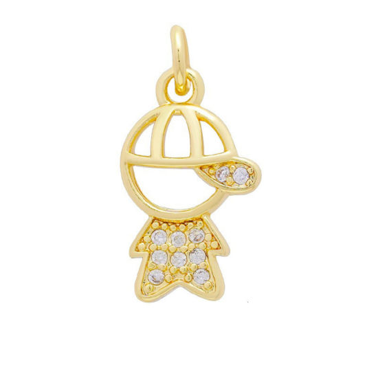 Picture of 2 PCs Brass Micro Pave Charms Wholesale 18K Gold Plated Boy Clear Cubic Zirconia 15.2mm x 9.5mm