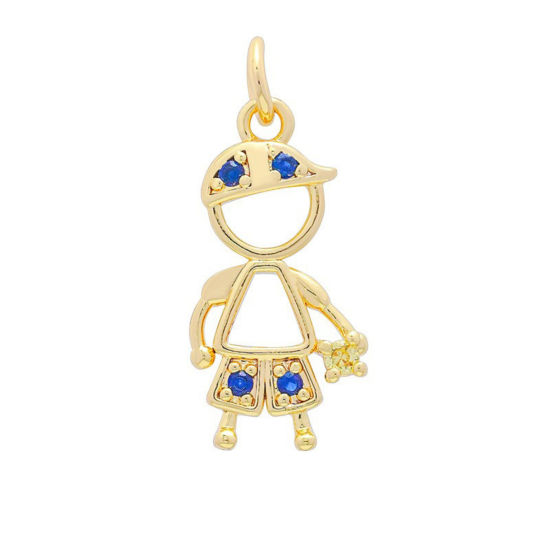 Picture of 2 PCs Brass Charms Wholesale 18K Gold Plated Boy Blue Cubic Zirconia 20.2mm x 10mm