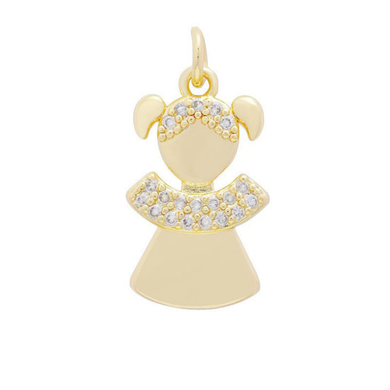 Picture of 2 PCs Brass Micro Pave Charms Wholesale 18K Gold Plated Girl Clear Cubic Zirconia 20mm x 12mm