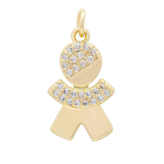 Picture of 2 PCs Brass Micro Pave Charms Wholesale 18K Gold Plated Boy Clear Cubic Zirconia 20.5mm x 12mm