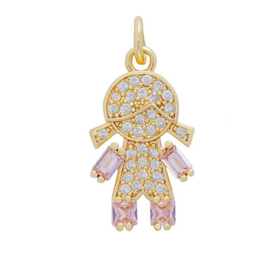 Picture of 2 PCs Brass Micro Pave Charms Wholesale 18K Gold Plated Girl Clear Cubic Zirconia 19mm x 10.8mm