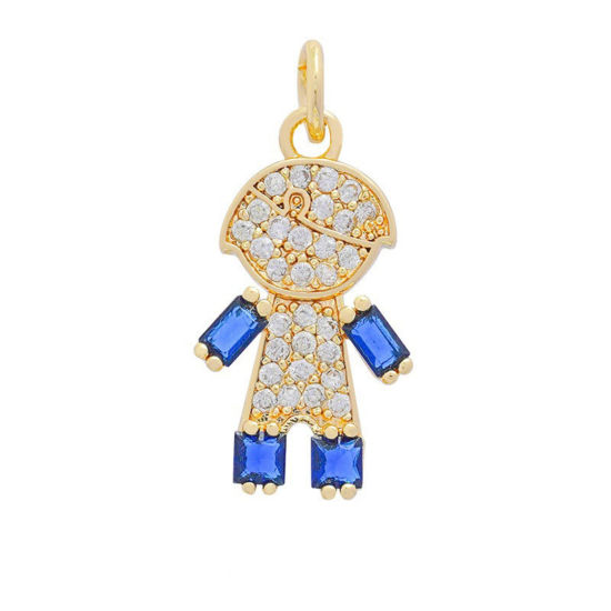 Picture of 2 PCs Brass Micro Pave Charms Wholesale 18K Gold Plated Boy Multicolour Cubic Zirconia 19mm x 10.5mm