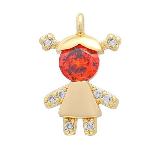Picture of 2 PCs Brass Micro Pave Charm Pendant Wholesale 18K Gold Plated Girl Multicolour Cubic Zirconia 13.8mm x 9mm