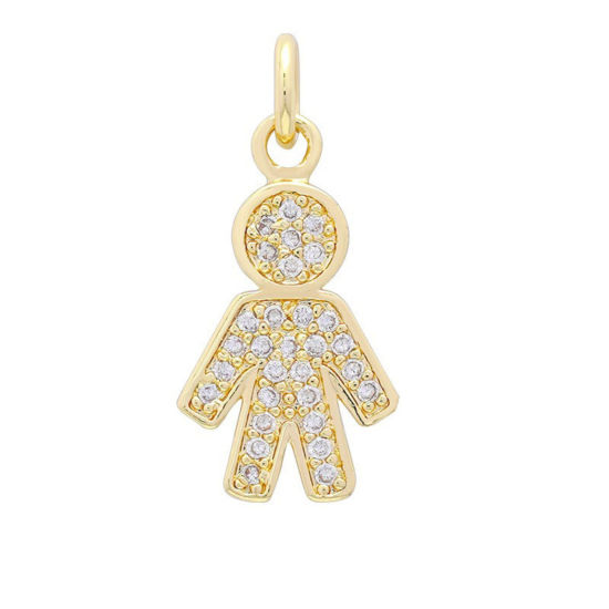 Picture of 2 PCs Brass Micro Pave Charm Pendant Wholesale 18K Gold Plated Boy Clear Cubic Zirconia 17.8mm x 9.3mm