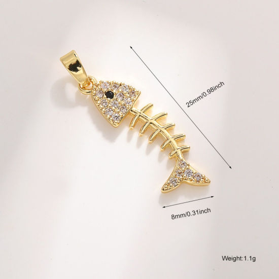 Picture of 2 PCs Brass Ocean Jewelry Charm Pendant Wholesale 18K Gold Plated Fish Bone Clear Cubic Zirconia 25mm x 8mm