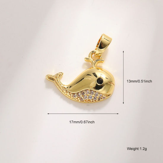 Picture of 2 PCs Brass Ocean Jewelry Charm Pendant Wholesale 18K Gold Plated Whale Animal Clear Cubic Zirconia 17mm x 13mm