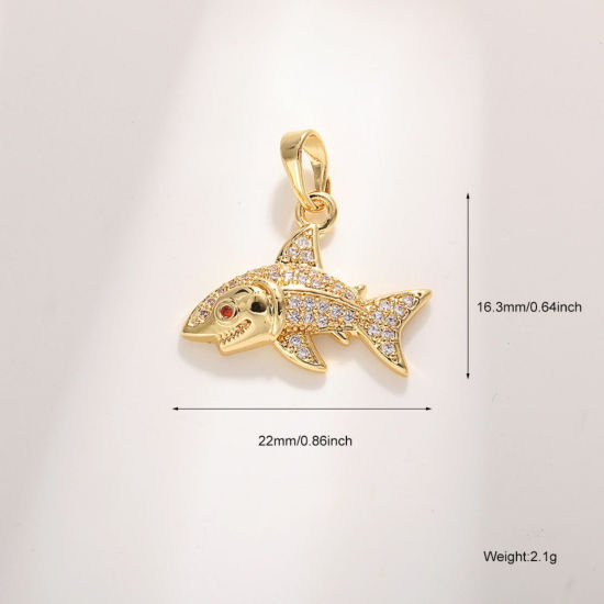 Picture of 2 PCs Brass Ocean Jewelry Charm Pendant Wholesale 18K Gold Plated Shark Animal Clear Cubic Zirconia 22mm x 16.3mm