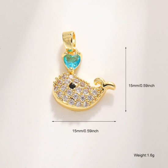 Picture of 2 PCs Brass Ocean Jewelry Charm Pendant Wholesale 18K Gold Plated Whale Animal Clear & Blue Cubic Zirconia 15mm x 15mm