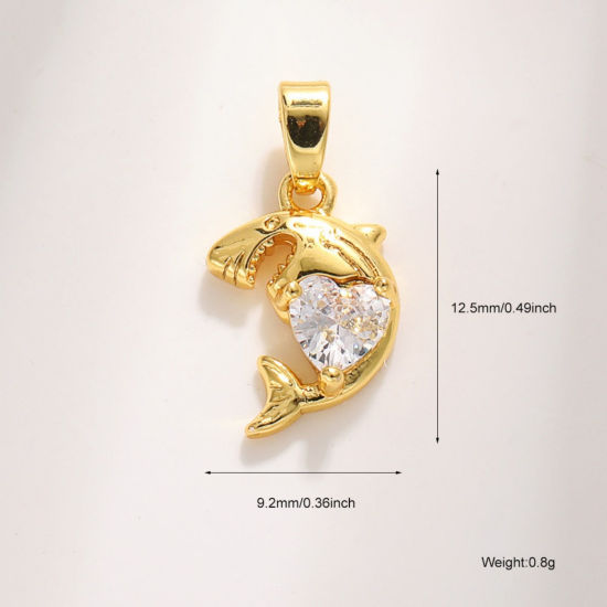 Picture of 2 PCs Brass Ocean Jewelry Charm Pendant Wholesale 18K Gold Plated Shark Animal Clear Cubic Zirconia 12.5mm x 9.2mm