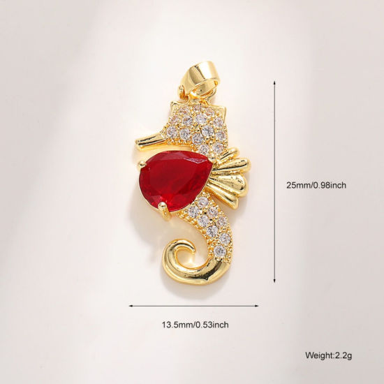 Picture of 2 PCs Brass Ocean Jewelry Charm Pendant Wholesale 18K Gold Plated Seahorse Animal Clear & Red Cubic Zirconia 25mm x 13.5mm