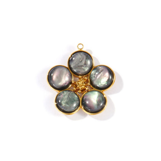Picture of 1 Piece Eco-friendly PVD Waterproof Anti-Tarnish Hypoallergenic 304 Stainless Steel & Natural Shell Pendants Wholesale 18K Real Gold Plated Black Flower 3.2cm x 3cm