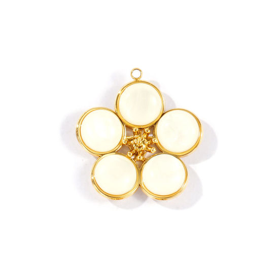 Picture of 1 Piece Eco-friendly PVD Waterproof Anti-Tarnish Hypoallergenic 304 Stainless Steel & Natural Shell Pendants Wholesale 18K Real Gold Plated White Flower 3.2cm x 3cm
