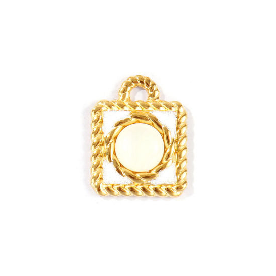 Picture of 1 Piece Eco-friendly PVD Waterproof Anti-Tarnish Hypoallergenic 304 Stainless Steel & Natural Shell Charms Wholesale 18K Real Gold Plated White Enamel Square Glitter 26mm x 20mm