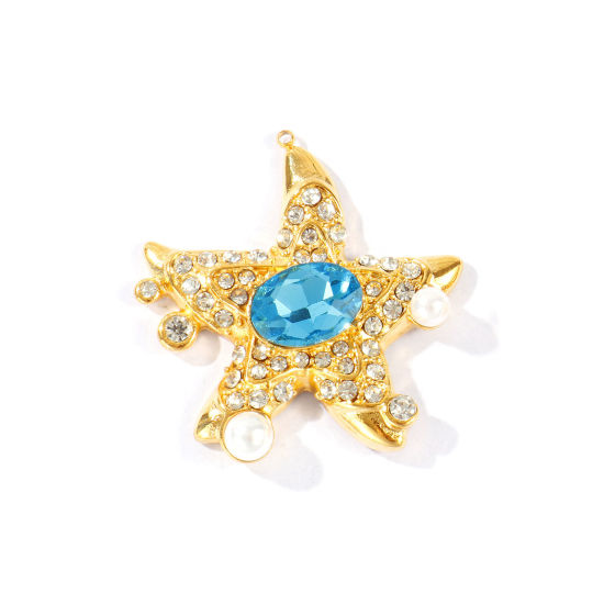 Picture of 1 Piece Eco-friendly PVD Waterproof Anti-Tarnish Hypoallergenic 304 Stainless Steel Ocean Jewelry Pendants Wholesale 18K Real Gold Plated Starfish Acrylic Imitation Pearl Blue Cubic Zirconia 4.2cm x 4.1cm