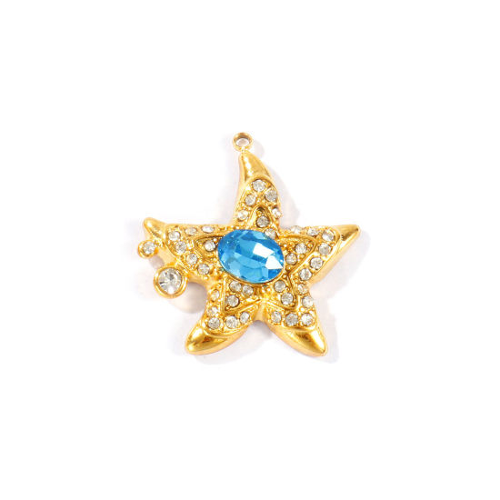 Picture of 1 Piece Eco-friendly PVD Waterproof Anti-Tarnish Hypoallergenic 304 Stainless Steel Ocean Jewelry Charms Wholesale 18K Real Gold Plated Starfish Blue Cubic Zirconia 27mm x 26mm