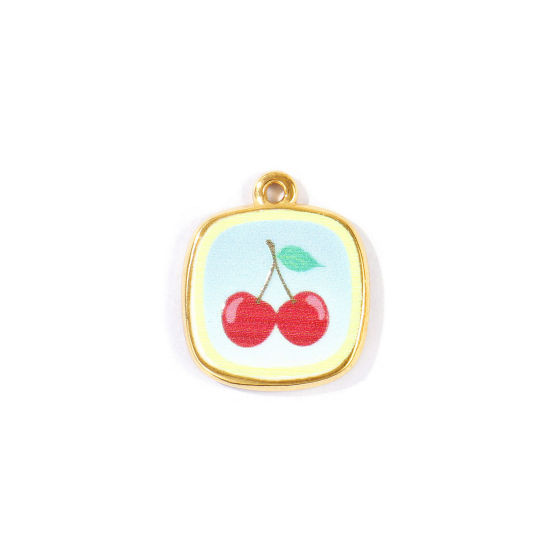 Picture of 2 PCs Eco-friendly PVD Waterproof Anti-Tarnish Hypoallergenic 304 Stainless Steel Charms Wholesale 18K Real Gold Plated Red Square Cherry Fruit Printed 21mm x 18mm
