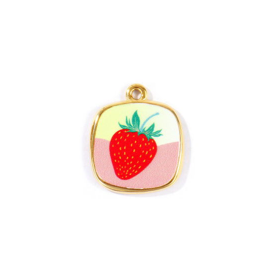 Picture of 2 PCs Eco-friendly PVD Waterproof Anti-Tarnish Hypoallergenic 304 Stainless Steel Charms Wholesale 18K Real Gold Plated Red Square Strawberry Fruit Printed 21mm x 18mm