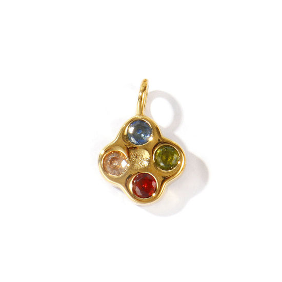 Picture of 1 Piece Eco-friendly PVD Waterproof Anti-Tarnish Hypoallergenic 304 Stainless Steel Charms Wholesale 18K Real Gold Plated Flower Multicolor Rhinestone 21mm x 15mm