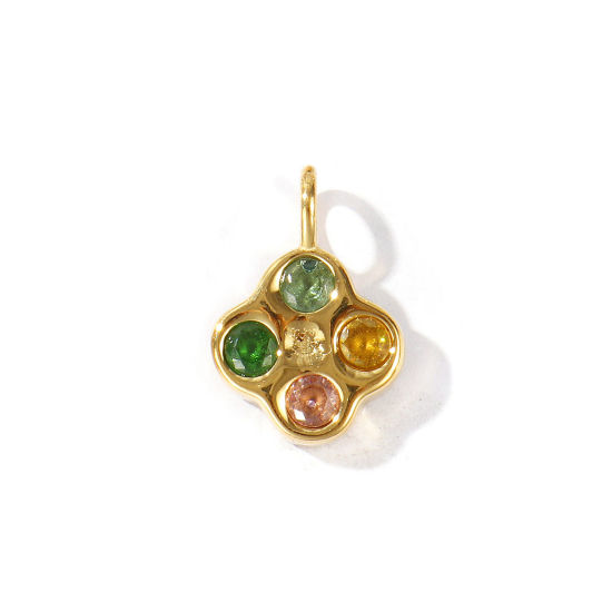 Picture of 1 Piece Eco-friendly PVD Waterproof Anti-Tarnish Hypoallergenic 304 Stainless Steel Charms Wholesale 18K Real Gold Plated Flower Multicolor Rhinestone 21mm x 15mm