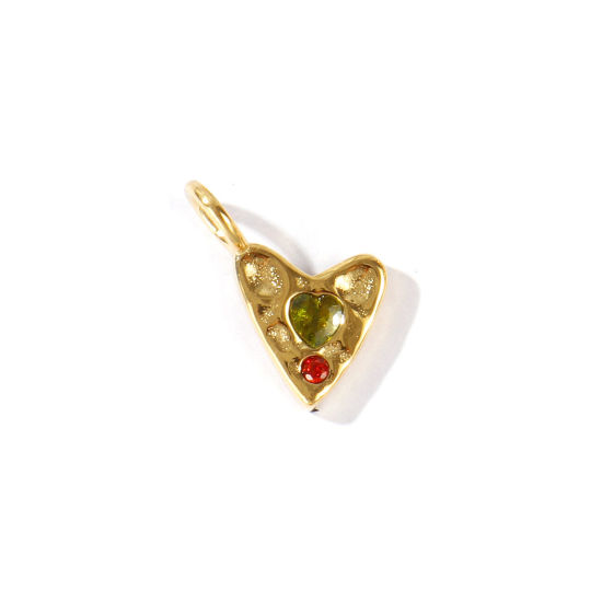 Picture of 1 Piece Eco-friendly PVD Waterproof Anti-Tarnish Hypoallergenic 304 Stainless Steel Valentine's Day Charms Wholesale 18K Real Gold Plated Heart Olive Green Rhinestone 18mm x 16mm