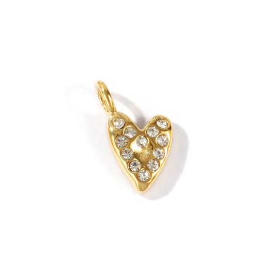 Picture of 1 Piece Eco-friendly PVD Waterproof Anti-Tarnish Hypoallergenic 304 Stainless Steel Valentine's Day Charms Wholesale 18K Real Gold Plated Heart Clear Rhinestone 20mm x 14mm