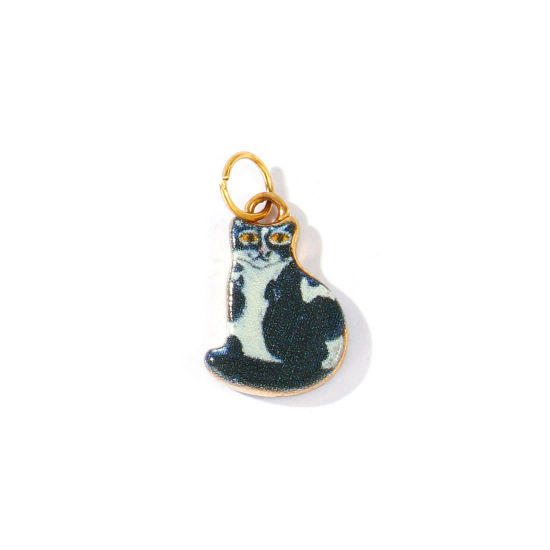 Picture of 1 Piece PVD 304 Stainless Steel Charms Wholesale 18K Real Gold Plated Black Cat Animal Double Sided Printed 22mm x 12mm