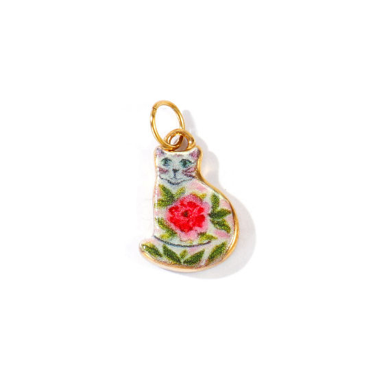 Picture of 1 Piece PVD 304 Stainless Steel Charms Wholesale 18K Real Gold Plated French Gray Cat Animal Peony Flower Double Sided Printed 22mm x 12mm